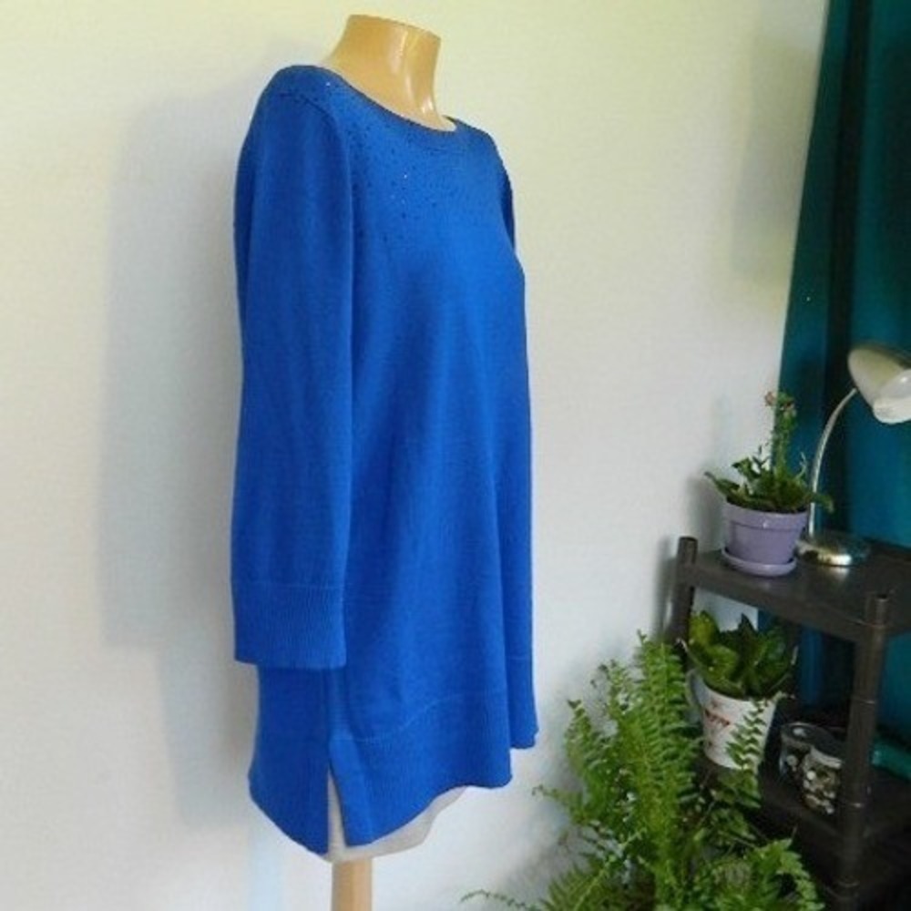 Cable & Gauge Tunic Sweater Womens XL Blue Black Rhinestone Boat Neck 3/4 Sleeve